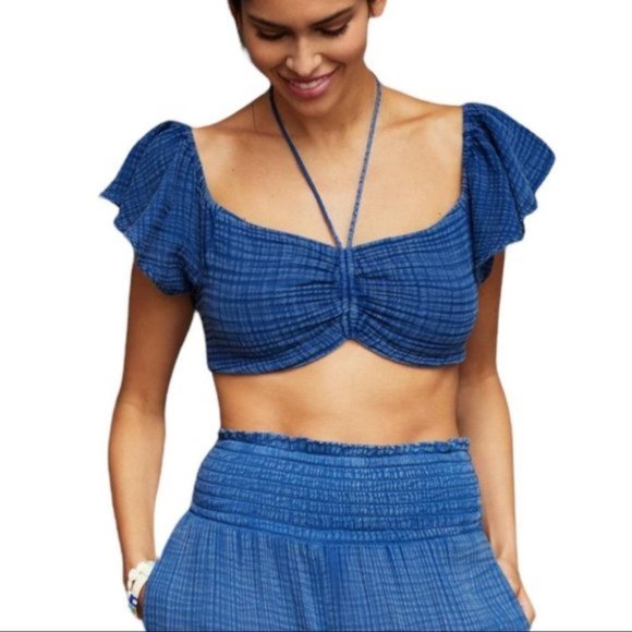 anthropologie Daily Practice Jerry Cinched Top Crop Medium Cobalt Blue - Picture 1 of 2